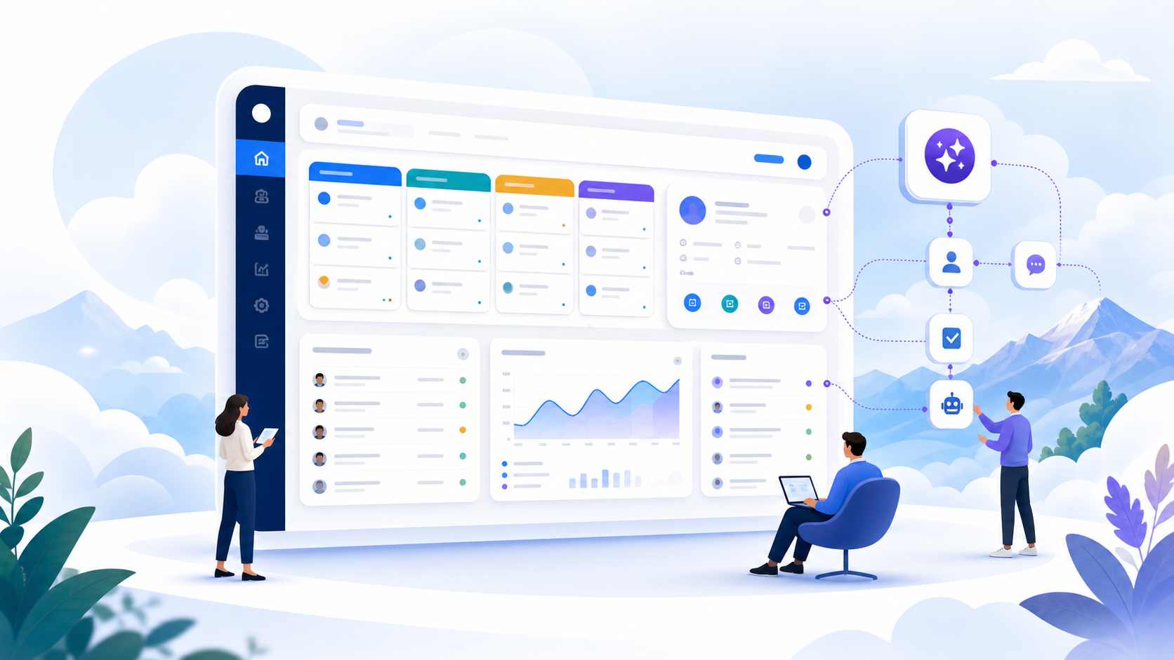 Illustration einer CRM-Oberfläche mit KI-Agenten-Workflow